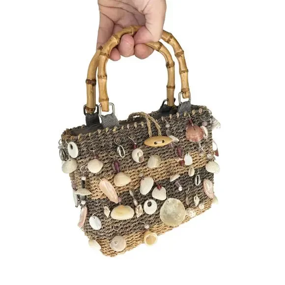 Seashell Charm Straw Handbag | Upcycled Handmade Vintage Faded Glory Purse - Picture 2 of 9